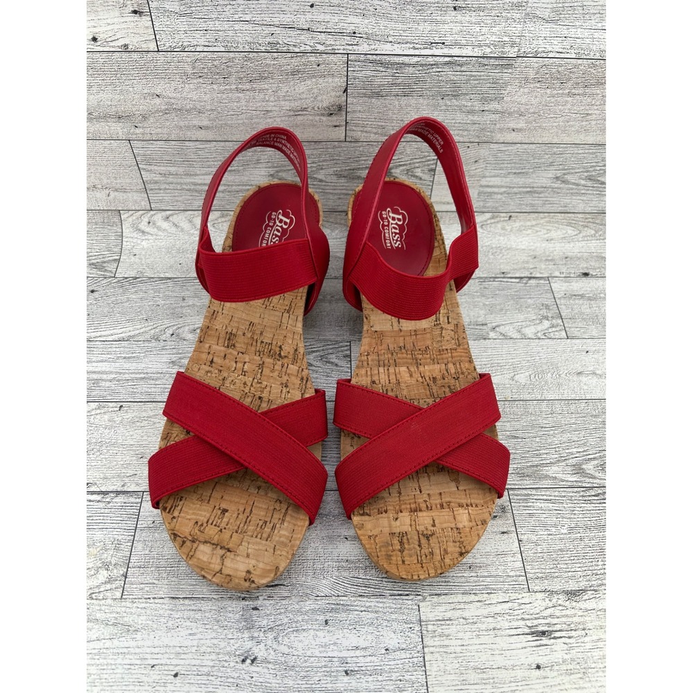 Bass Go-To Comfort Lorna Red Cork Wedge Sandals‎ Elastic Strap Women's Size 8M
